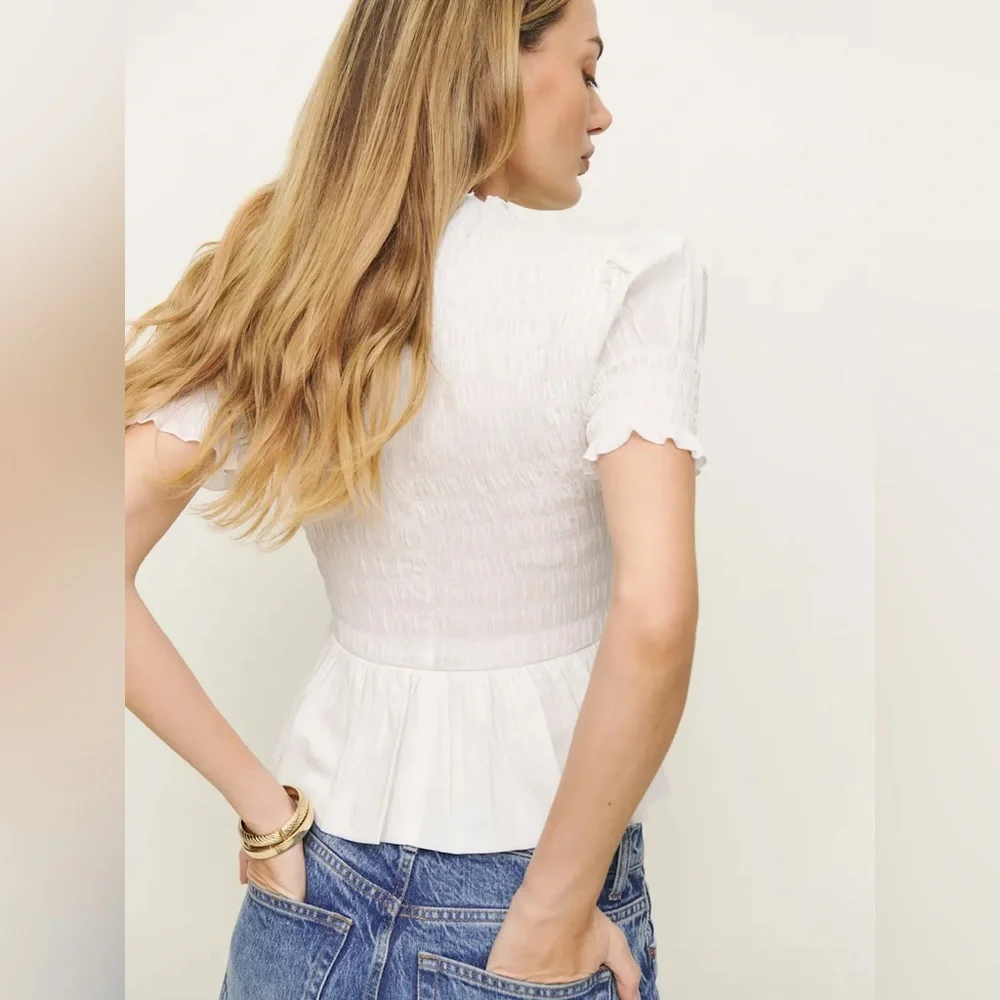 Reformation White Smocked Peplum Puff Sleeve Top